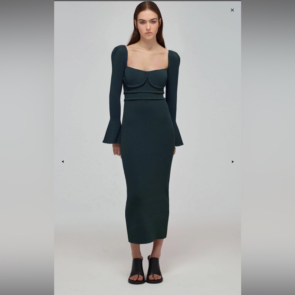 - Self-portrait KHAKI KNIT SCALLOP EDGE MIDI DRESS